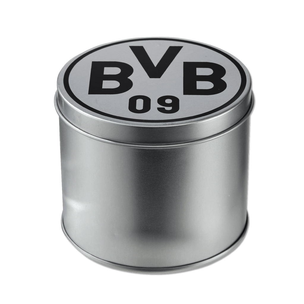 Round silver metal box featuring the BVB logo and the inscription '09' on the lid, perfect for Borussia Dortmund fans.