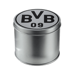 Round silver metal box featuring the BVB logo and the inscription '09' on the lid, perfect for Borussia Dortmund fans.
