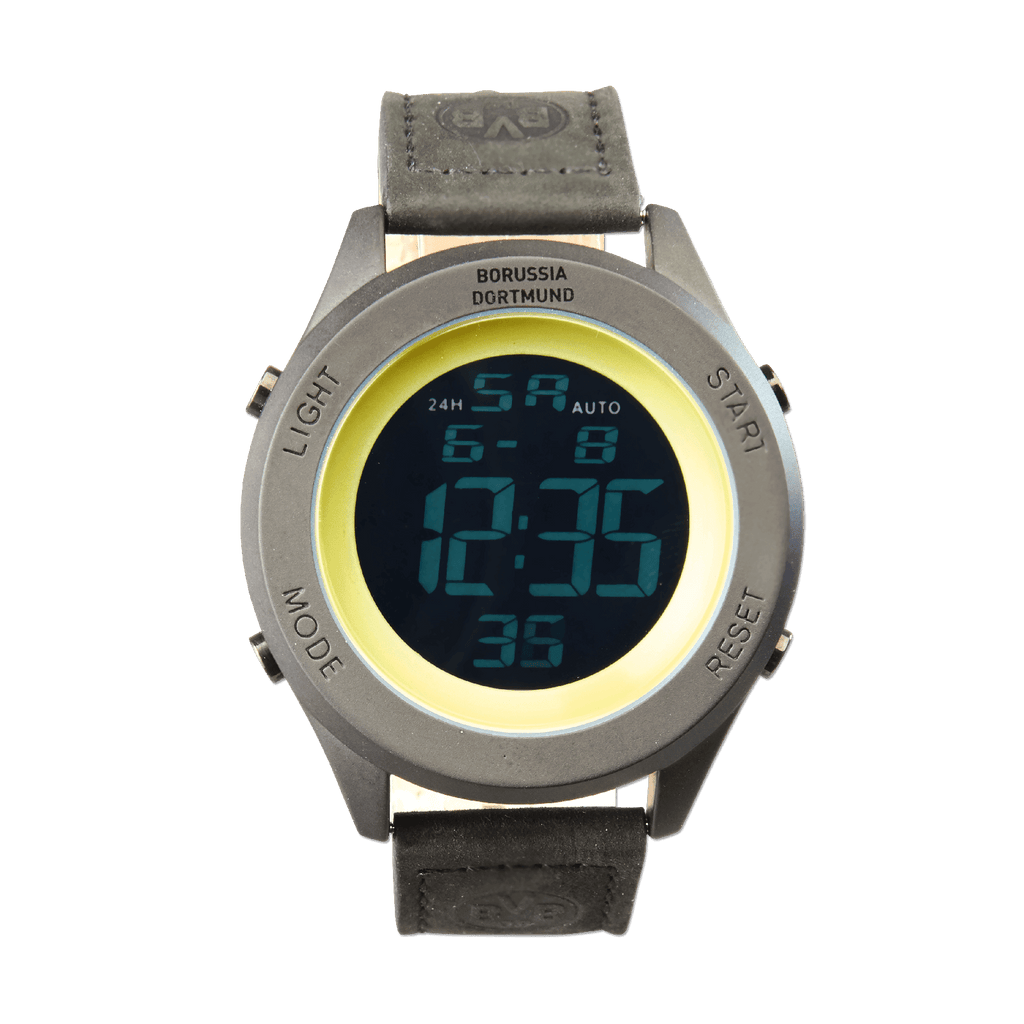 Black-and-yellow digital BVB watch featuring the Borussia Dortmund logo, a black strap, and a gray case—the perfect fan item.