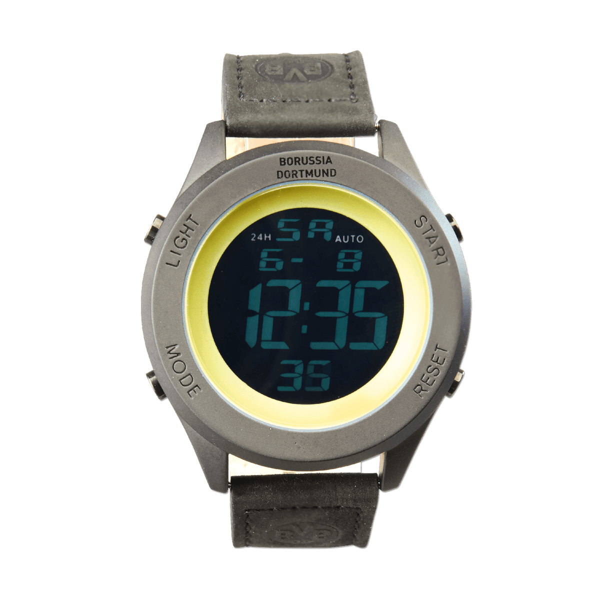 Black-and-yellow digital BVB watch featuring the Borussia Dortmund logo, a black strap, and a gray case—the perfect fan item.