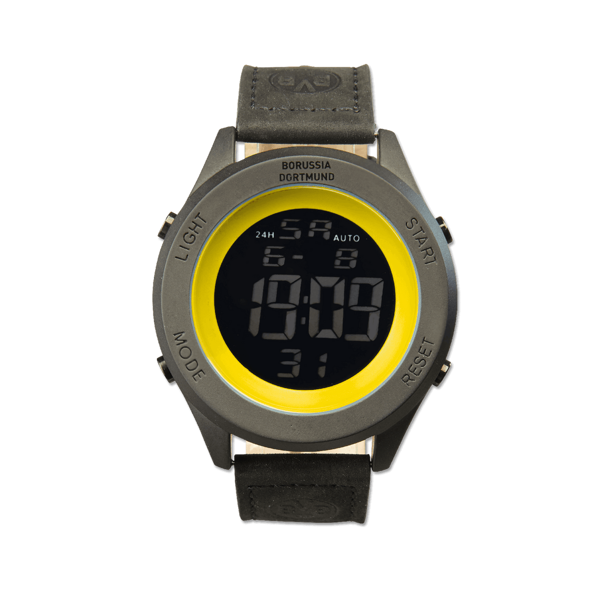 Reloj de pulsera digital del BVB con diseño en negro y amarillo, estilo deportivo, pantalla digital y el logotipo del Borussia Dortmund.