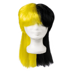 Parrucca del BVB con capelli lunghi, bicolore nero e giallo, come gadget per i tifosi, ideale per i fan del Borussia Dortmund.