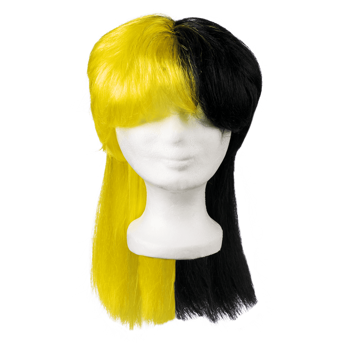 Parrucca del BVB con capelli lunghi, bicolore nero e giallo, come gadget per i tifosi, ideale per i fan del Borussia Dortmund.
