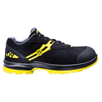 Sturdy BVB safety shoe, S3 model "Malocher 09," in black and yellow with a sporty design and the BVB logo, suitable for workplace safety and fan style.