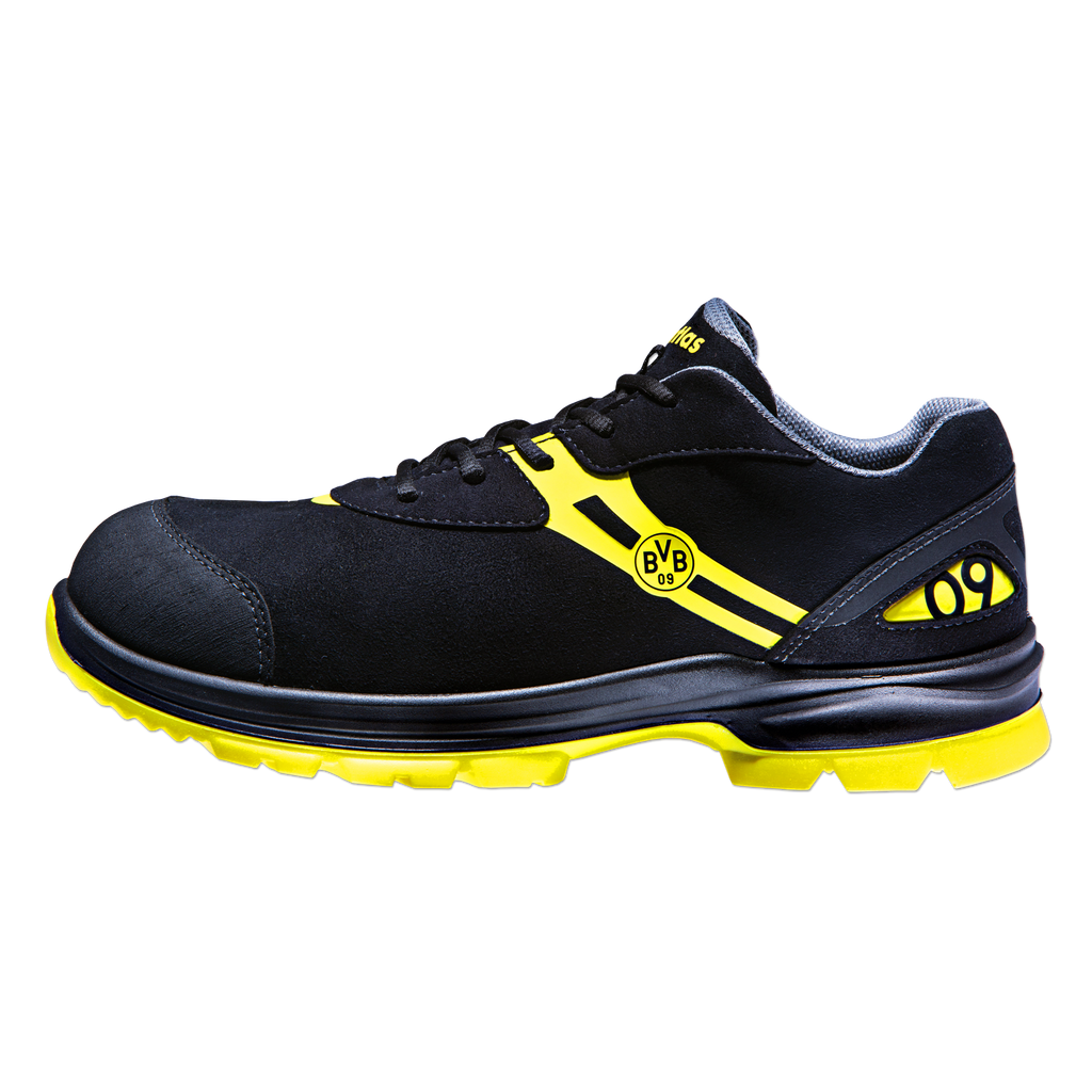 Black-and-yellow BVB S3 Malocher 09 safety shoe with a reinforced toe cap, sporty design, ergonomic fit, and non-slip yellow sole.