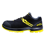 Black-and-yellow BVB S3 Malocher 09 safety shoe with a reinforced toe cap, sporty design, ergonomic fit, and non-slip yellow sole.