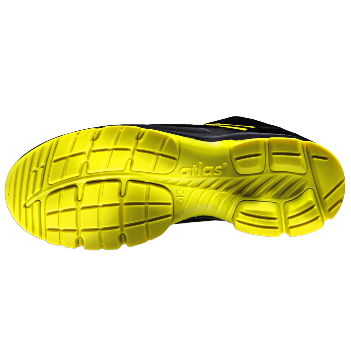The sole of the BVB S3 Malocher 09 safety shoe in black and yellow, featuring a slip-resistant tread, ideal for work and outdoor use.