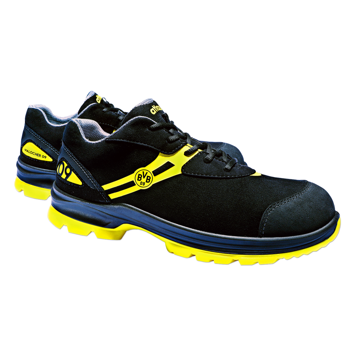 The BVB S3 Malocher 09 safety shoe in black and yellow with the BVB logo—ideal for work environments—combines protection with club pride.