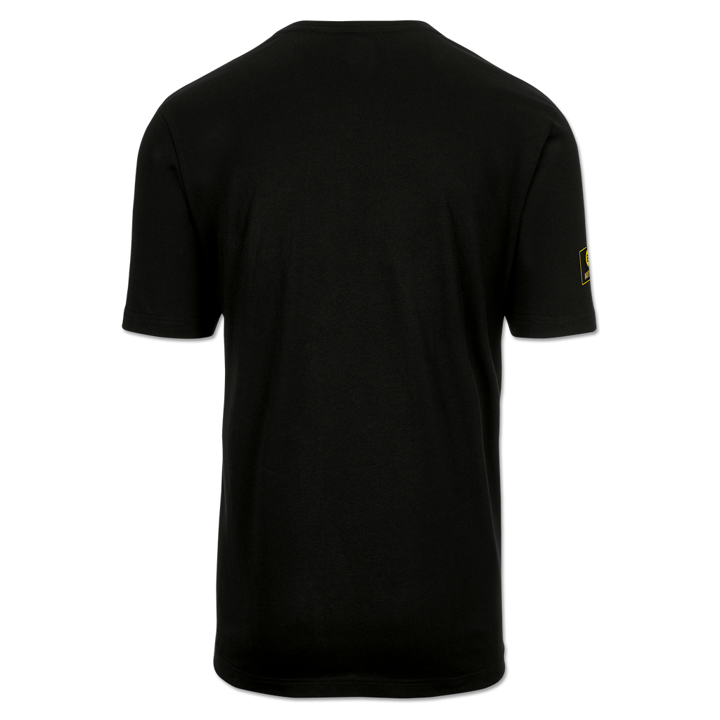Maglietta nera del BVB da uomo vista da dietro. Design sobrio con logo giallo sulla manica.