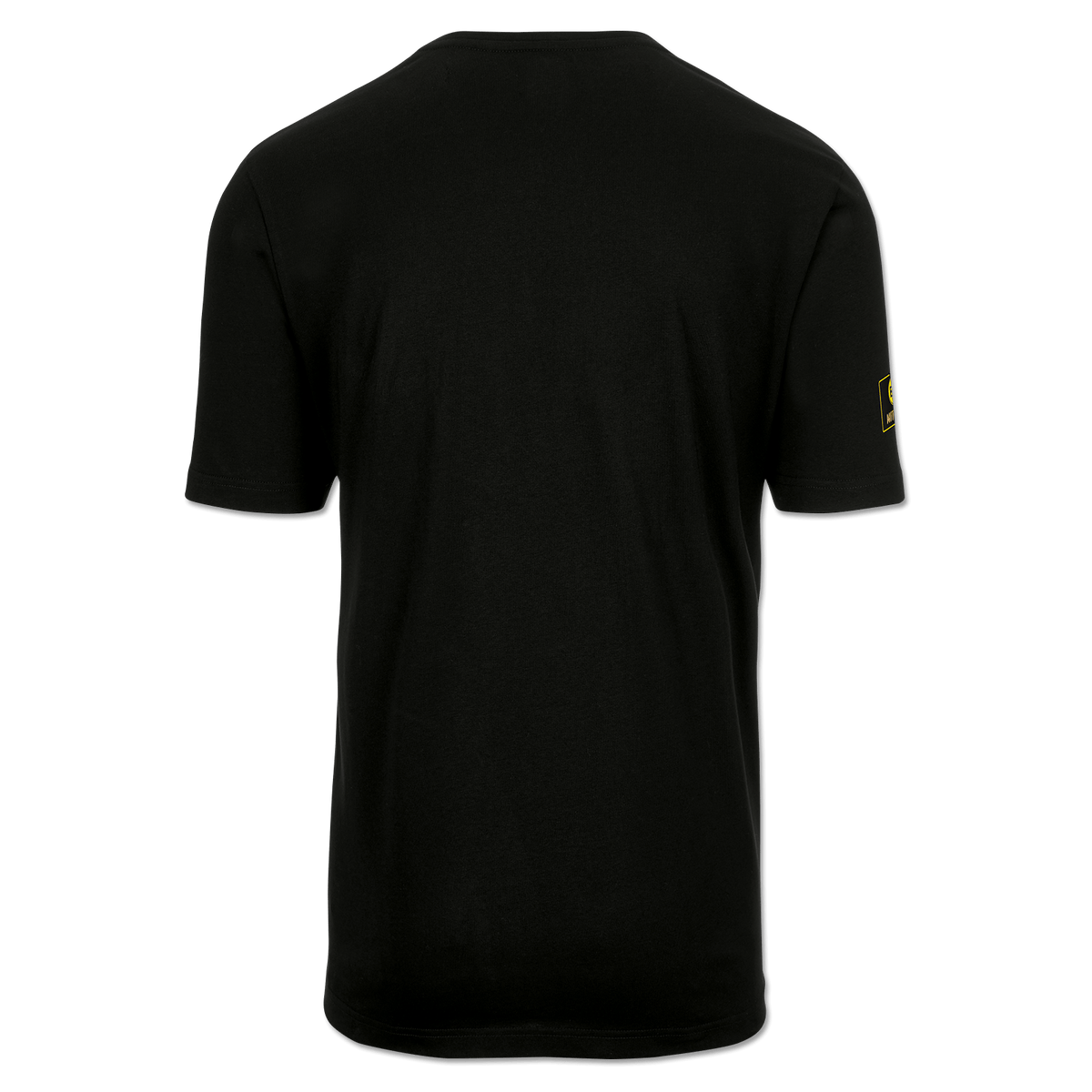 Schwarzes BVB-T-Shirt für Herren in der Rückansicht. Dezentes Design mit gelbem Logo auf dem Ärmel.