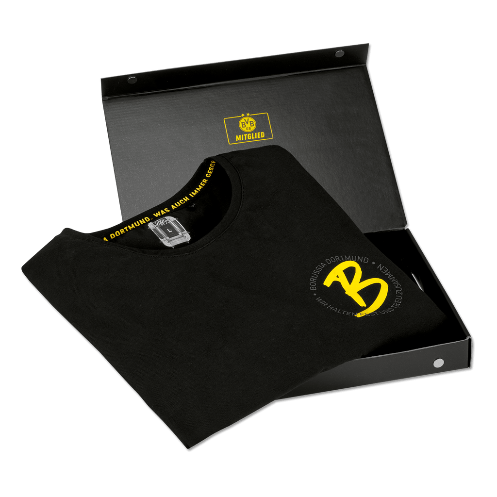 Maglietta nera del BVB per i soci con logo giallo, confezionata in una scatola regalo, ideale per i tifosi del Borussia Dortmund.