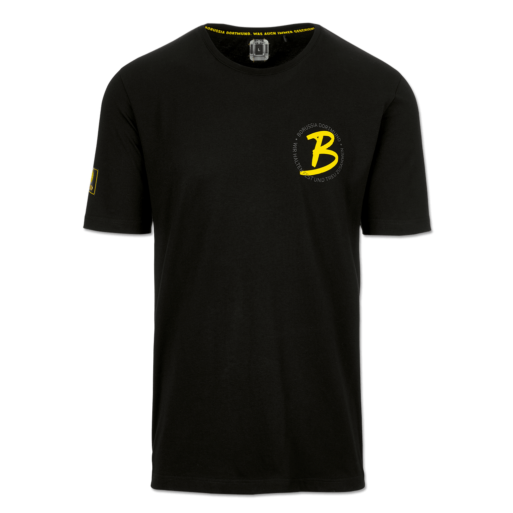 Maglietta nera del BVB da uomo con logo e scritta gialli, ideale per i soci del club e i tifosi, vista frontale.