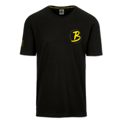 Camiseta negra del BVB para hombre con logotipo y inscripción en amarillo, ideal para socios del club y aficionados; vista frontal.