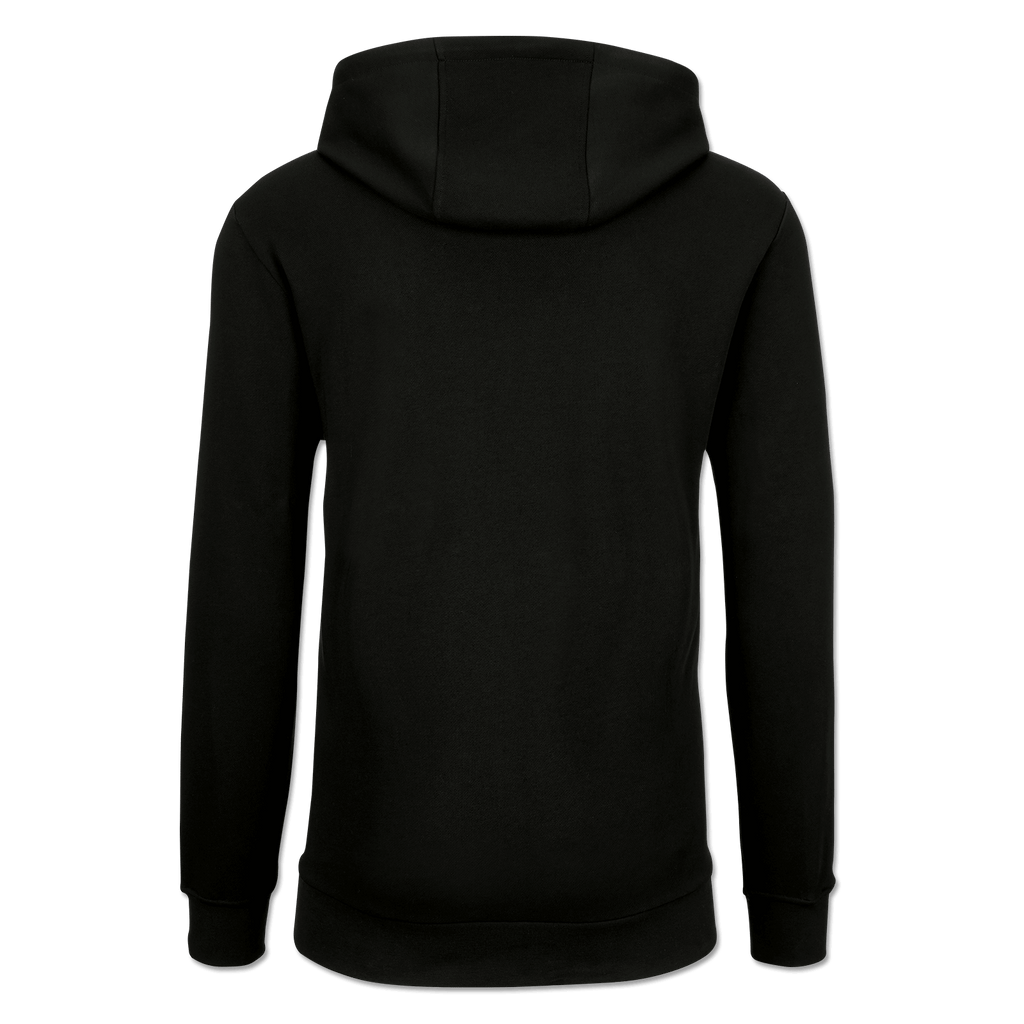 Sudadera con capucha negra del BVB para hombre, vista desde atrás; diseño sencillo con capucha.