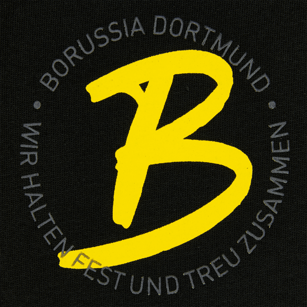 La imagen muestra el logotipo amarillo del BVB sobre un fondo negro con la frase «Borussia Dortmund: permanecemos unidos y fieles».