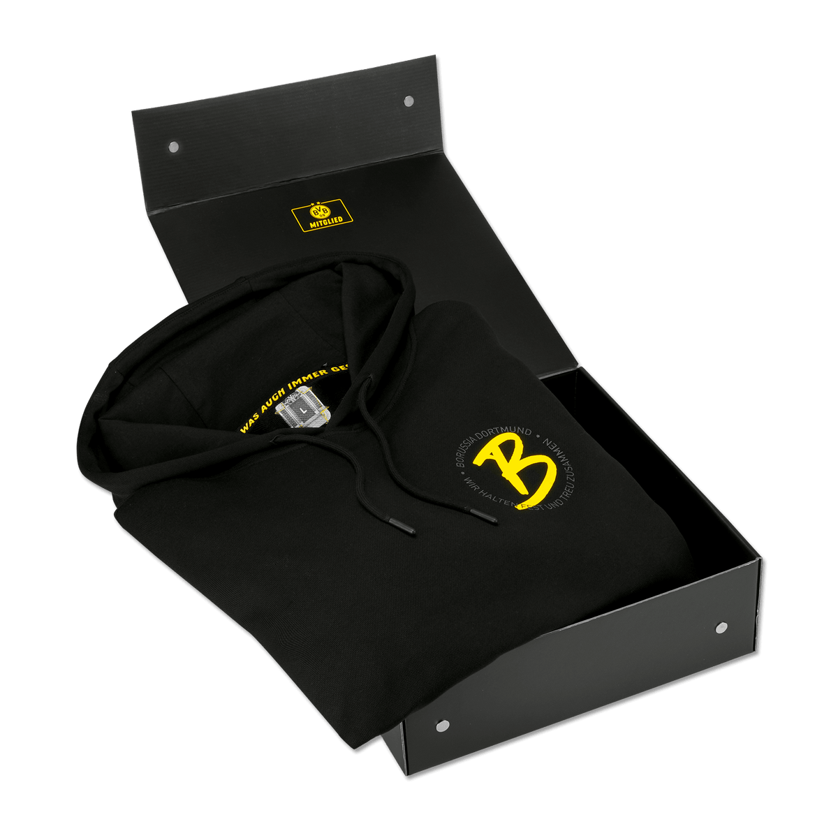 Sweat à capuche noir du BVB pour homme, orné du logo et du nom du club en jaune, présenté dans un élégant coffret cadeau noir.
