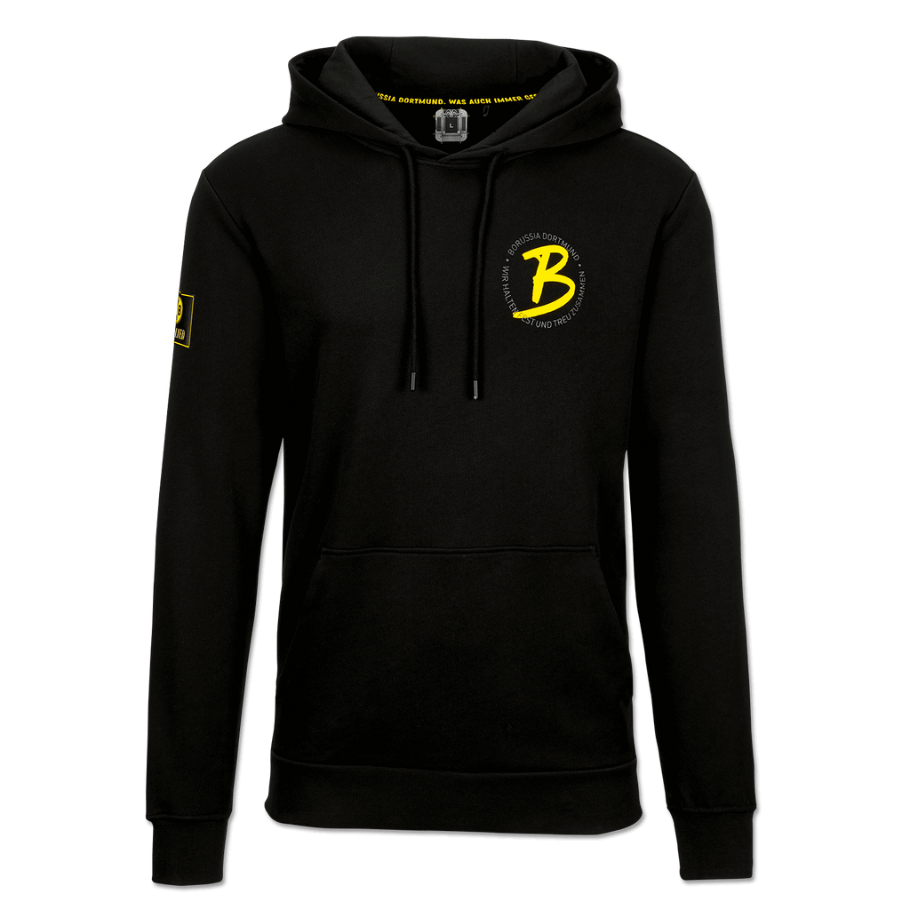 Sweat à capuche noir pour homme, avec le logo jaune du BVB sur la poitrine et l'inscription « Borussia Dortmund » à l'intérieur de la capuche, article de fan destiné aux supporters du Borussia Dortmund.
