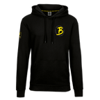 Sweat à capuche noir pour homme, avec le logo jaune du BVB sur la poitrine et l'inscription « Borussia Dortmund » à l'intérieur de la capuche, article de fan destiné aux supporters du Borussia Dortmund.