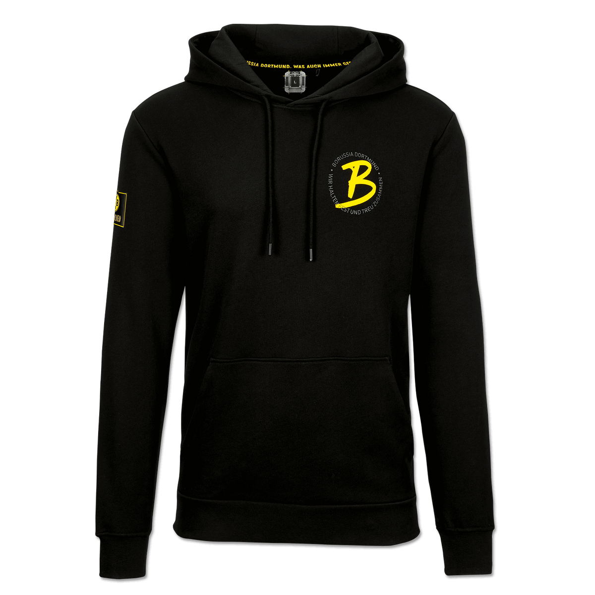 Black men's hoodie with a yellow BVB logo on the chest and "Borussia Dortmund" lettering inside the hood; merchandise for Borussia Dortmund fans.