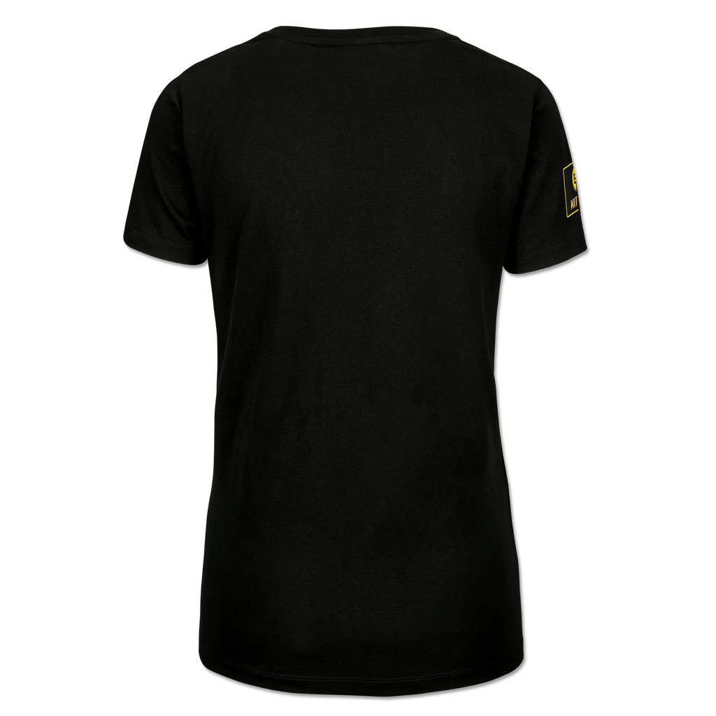 Vista trasera de una camiseta negra del BVB para mujer con un detalle amarillo en la manga. Producto oficial del Borussia Dortmund.