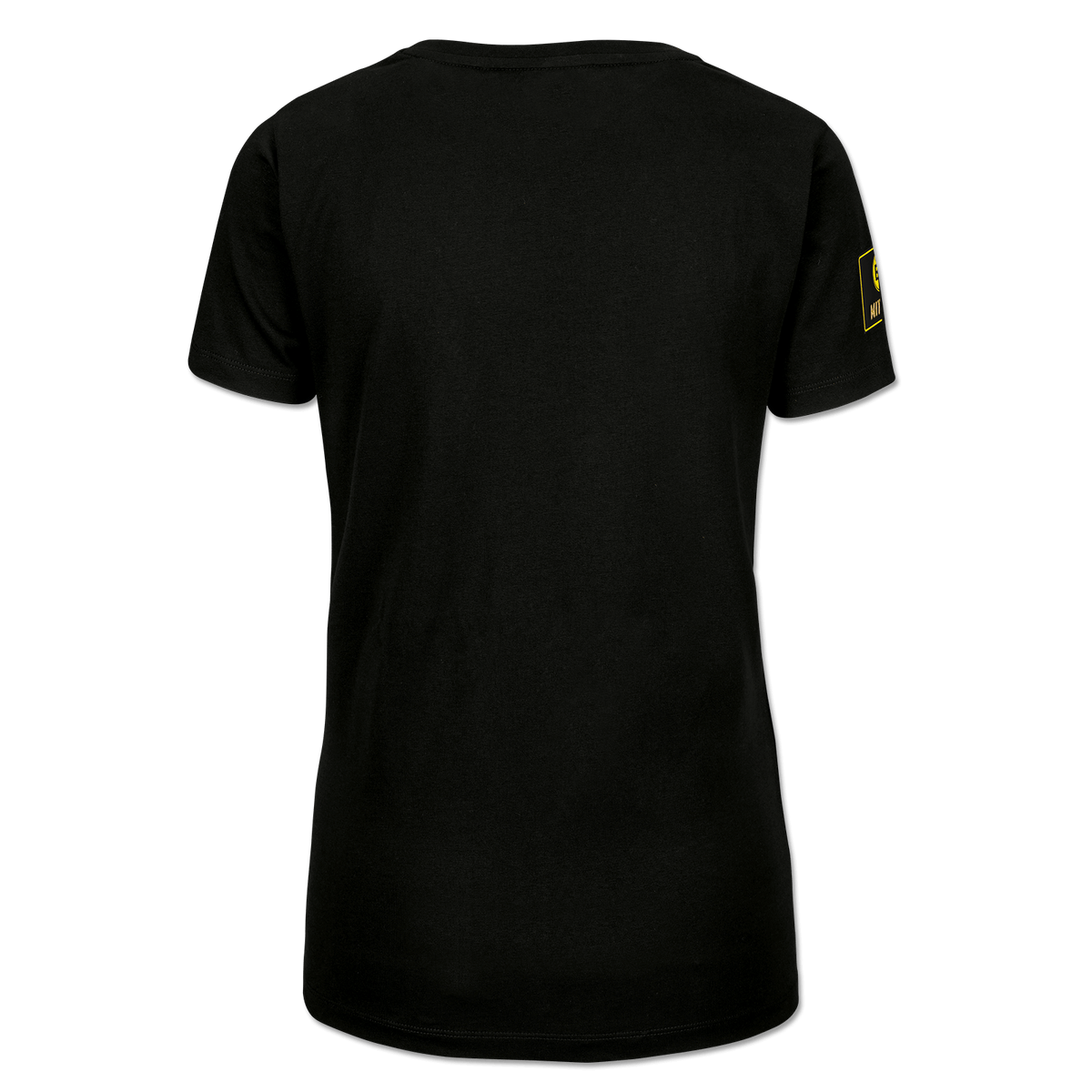 Rückansicht eines schwarzen BVB-T-Shirts für Frauen mit gelbem Detail am Ärmel. Offizieller Borussia Dortmund Fanartikel.