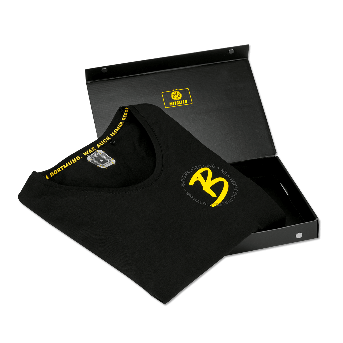 Maglietta nera per i soci del BVB, pensata appositamente per le donne, in cotone con logo giallo del BVB e confezione regalo abbinata.