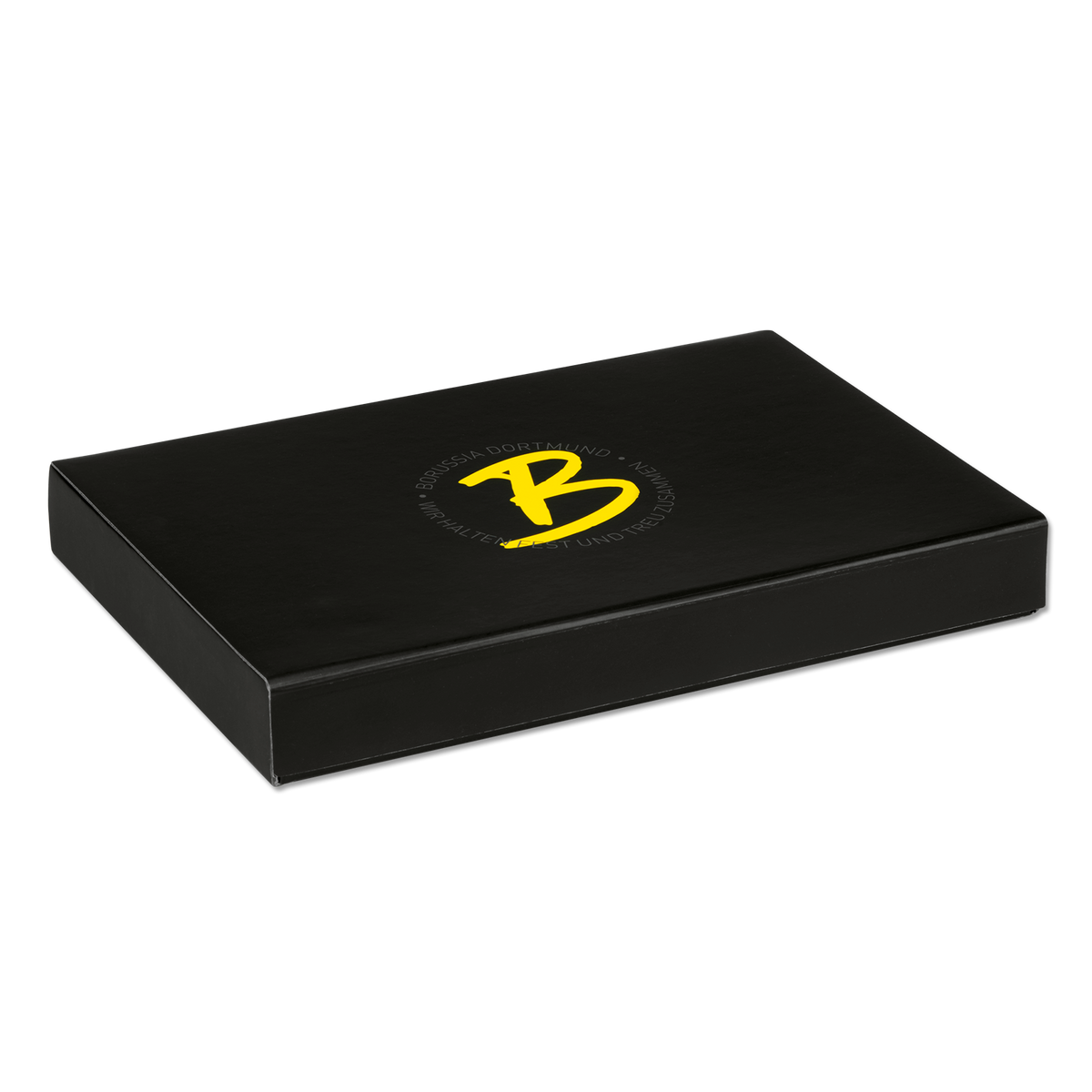 Confezione regalo nera del Borussia Dortmund con logo BVB giallo e scritta sul coperchio, ideale per articoli da tifoso o regali.