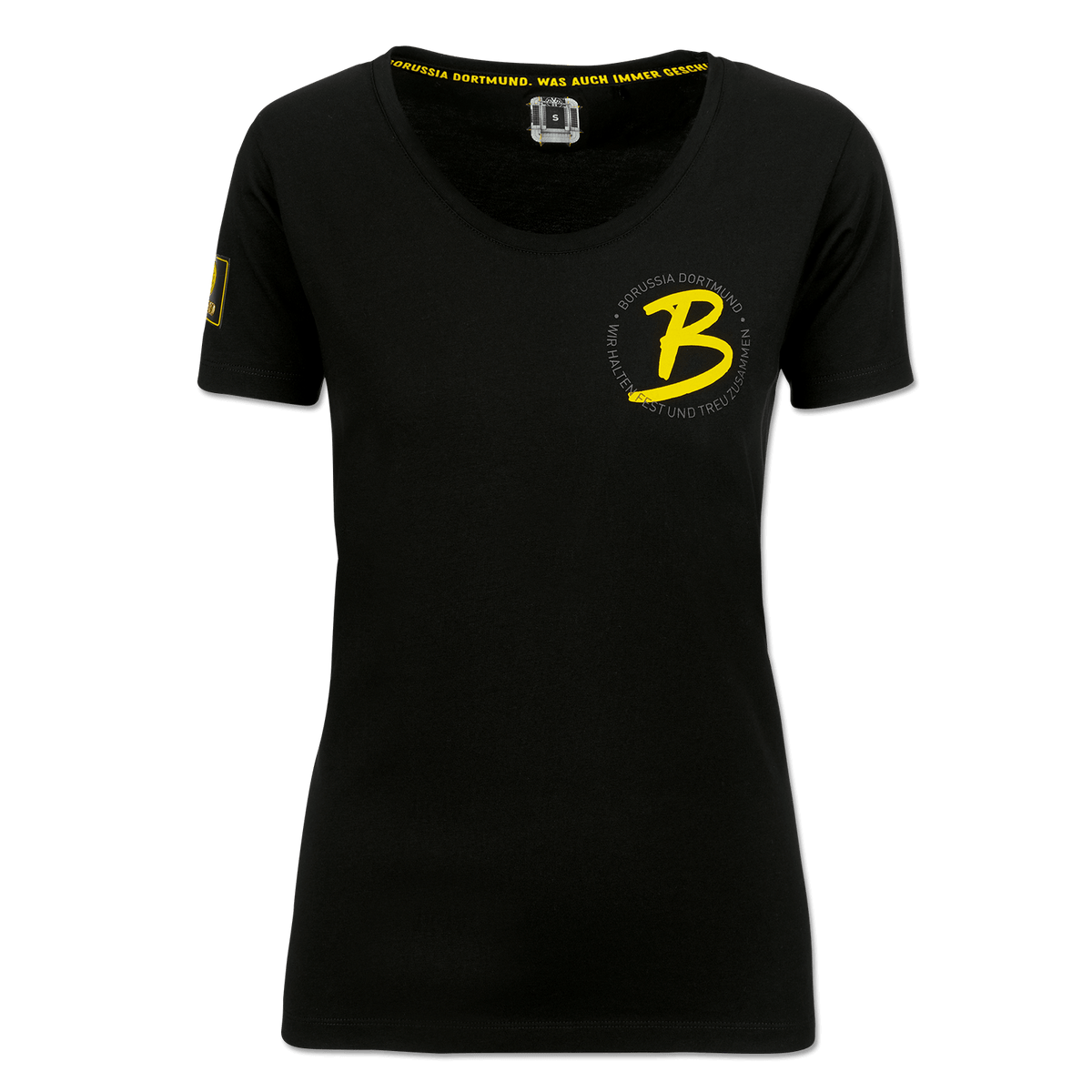 这款黑色多特蒙德（BVB）女士T恤，正面印有黄色“B”标志、“Borussia Dortmund”字样以及俱乐部座右铭，是会员和球迷的理想之选。
