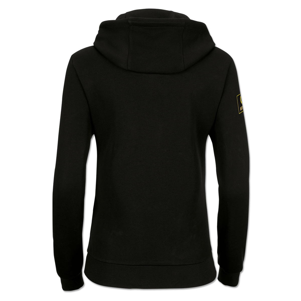 Schwarzer BVB-Hoodie für Frauen, Rückansicht, mit gelbem Vereinslogo auf dem Ärmel, ideal als Fanartikel.
