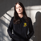 胸元とフードに黄色のクラブロゴが入った、女性用ブラックのBVBフーディ。会員向けモデル。
