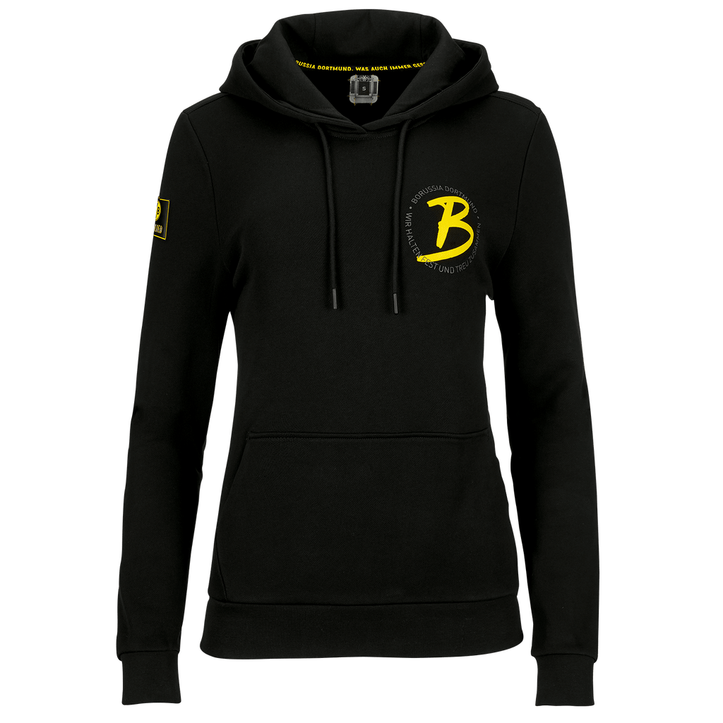 ボルシア・ドルトムントのブラックレディースフーディ。胸元に目立つ黄色のBVBロゴ、カンガルーポケット、フード付き。ファンや普段使いに最適です。