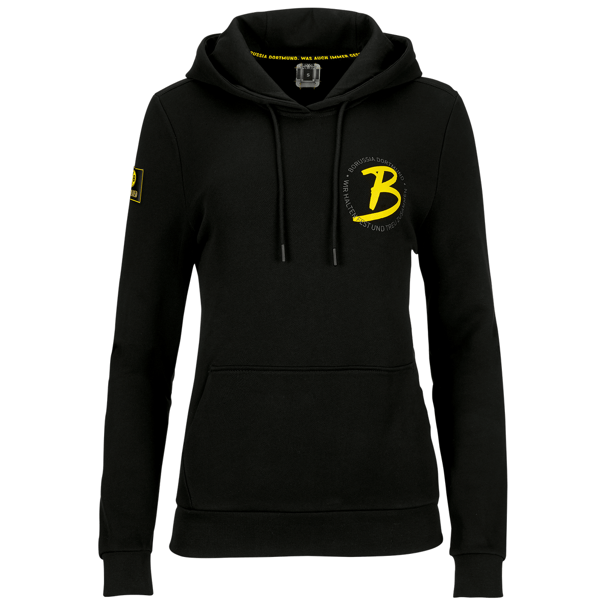 Schwarzer Damen-Hoodie von Borussia Dortmund mit auffälligem gelbem BVB-Logo auf der Brust, Kängurutasche und Kapuze, ideal für Fans und Freizeit.