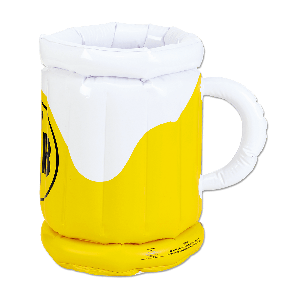 Un enfriador de cerveza hinchable del BVB, de color amarillo con el logotipo del club en negro, asa y diseño de espuma, ideal para los aficionados del Borussia Dortmund.
