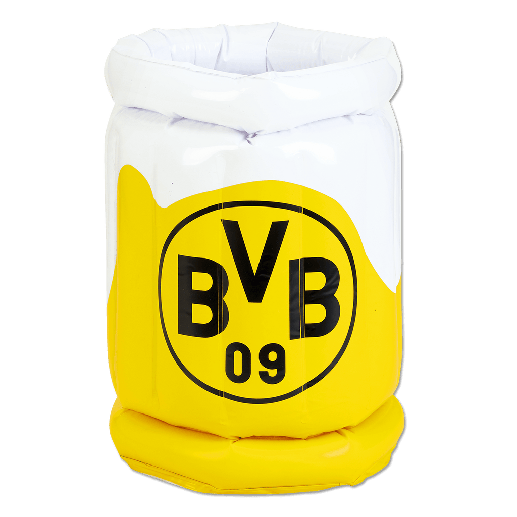 Schwarzgelber aufblasbarer BVB-Bierkühler mit auffälligem BVB-Logo, ideal für Fans von Borussia Dortmund.