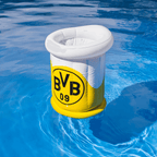 Aufblasbarer Bierkühler in BVB-Farben schwarzgelb mit BVB-09-Logo, schwimmt auf Wasser und eignet sich ideal für den Sommer und Fans von Borussia Dortmund.