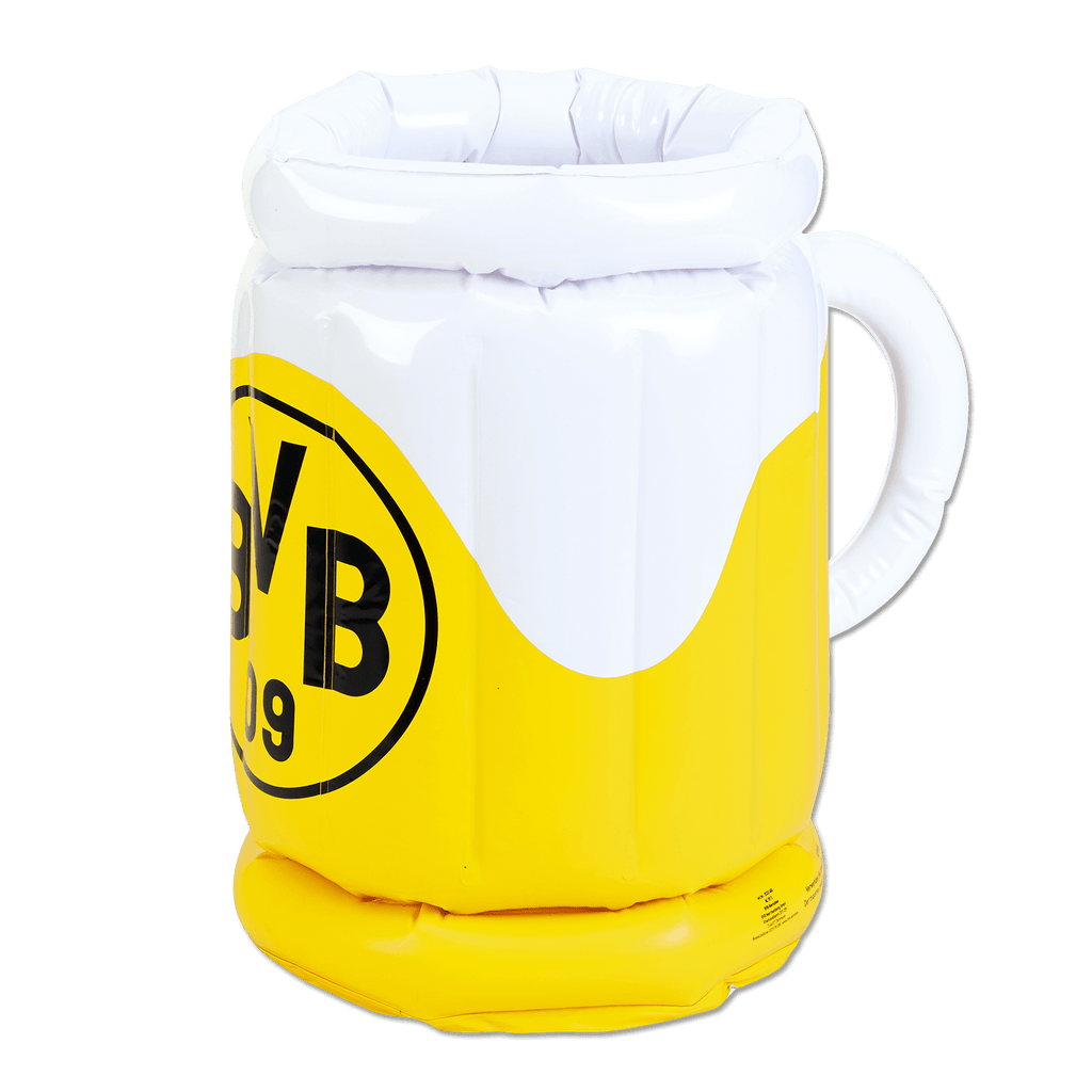 Aufblasbarer BVB-Bierkühler in Form eines schwarzgelben Bierkrugs mit BVB-Logo, ideal für Fans und Partys.
