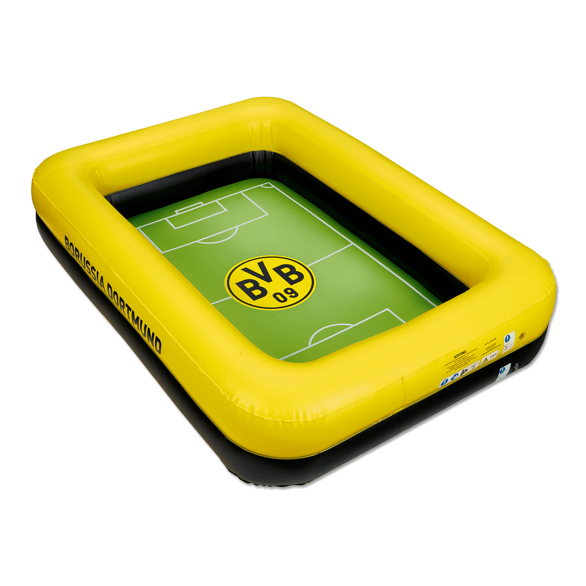 Aufblasbarer BVB-Pool in schwarzgelbem Design mit grünem Fußballfeld und BVB-Logo, perfekt für Fußballfans und sommerliche Erfrischung.