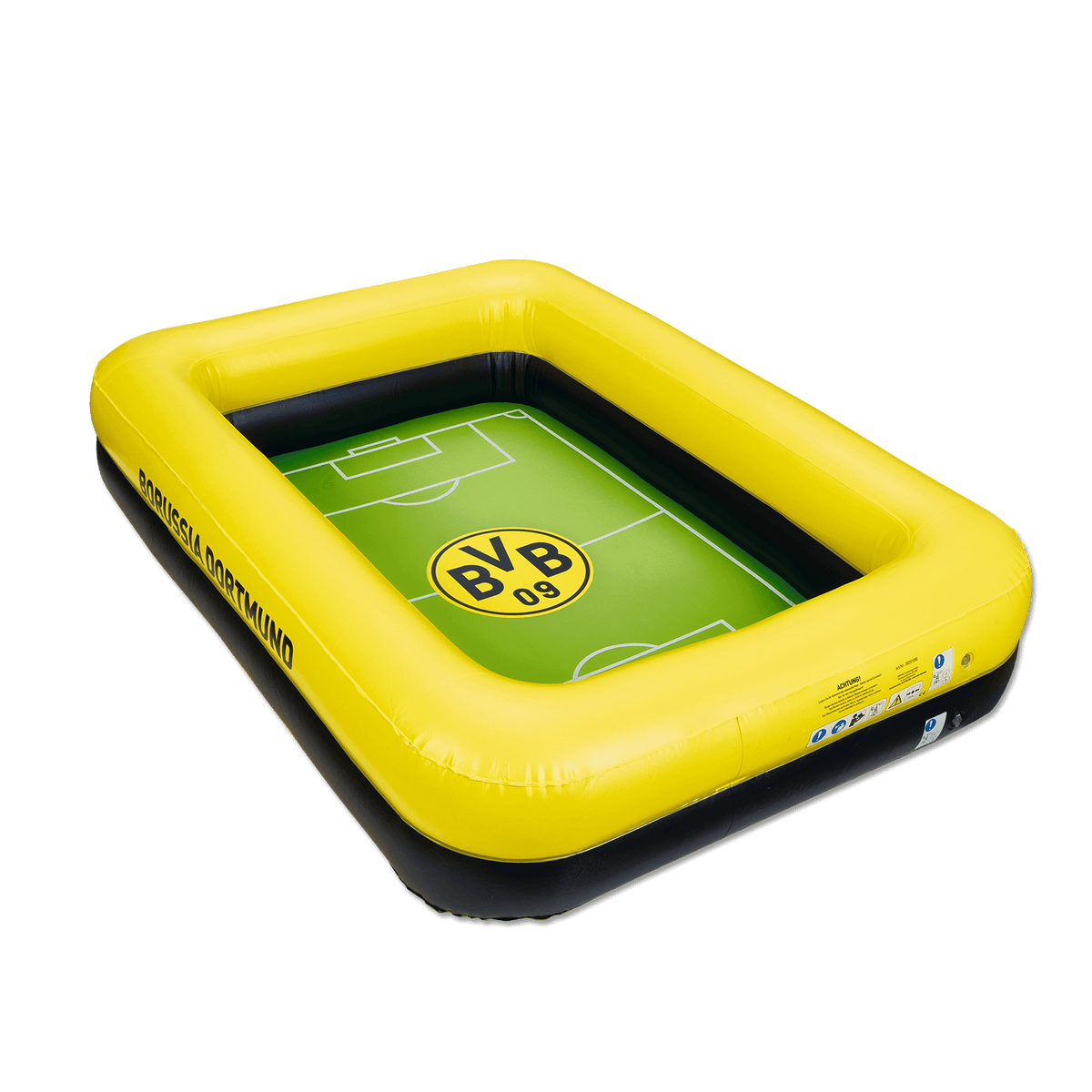 Aufblasbarer Pool in schwarzgelber BVB-Optik mit Fußballfeld-Motiv und BVB-09-Logo, ideal für Kinder und Fans.