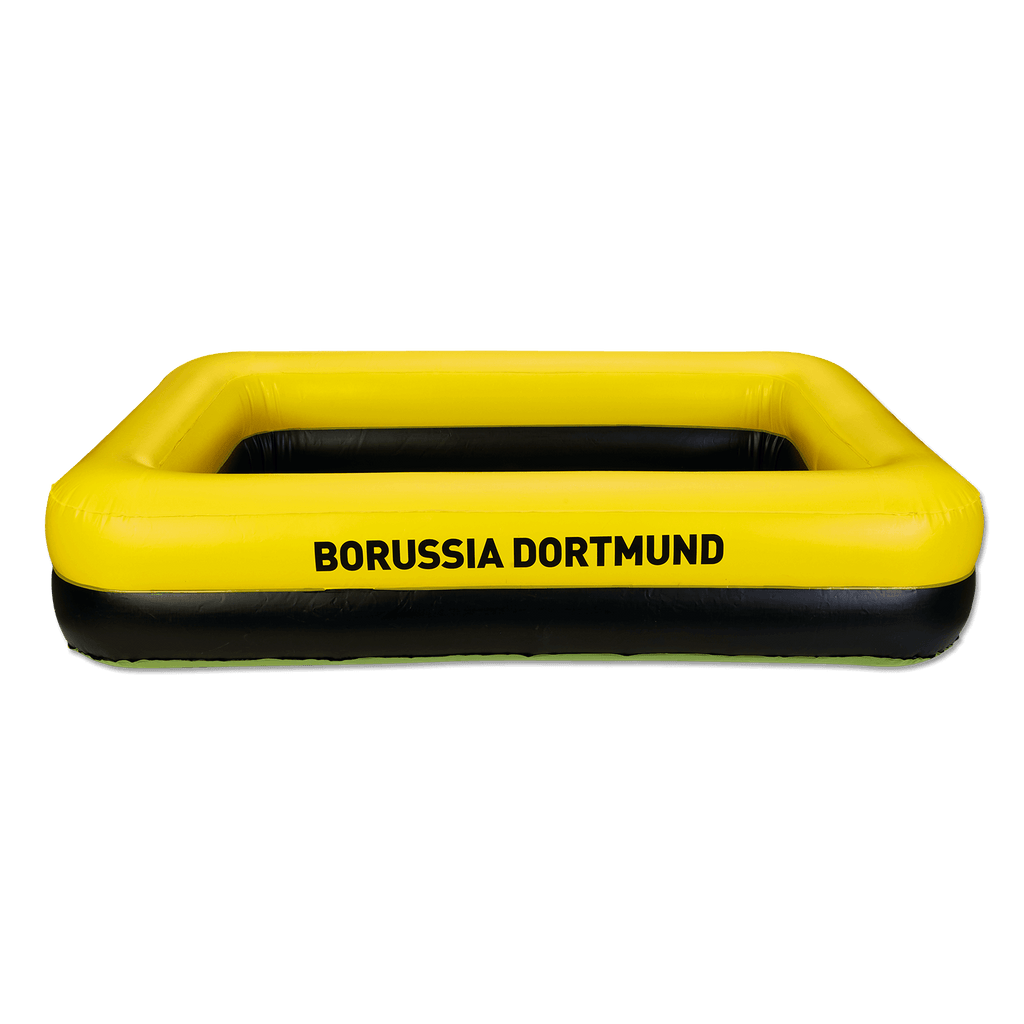 Aufblasbarer BVB-Pool in rechteckiger Form, mit schwarzgelbem Design und Borussia Dortmund-Schriftzug, ideal für Fans und sommerliche Aktivitäten.