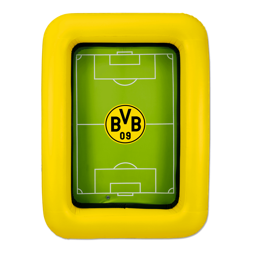 Aufblasbarer BVB-Pool in schwarzgelb mit grünem Fußballfeld und BVB-Logo, ideal für Sommer und Freizeit.
