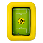 Aufblasbarer BVB-Pool in schwarzgelb mit grünem Fußballfeld und BVB-Logo, ideal für Sommer und Freizeit.