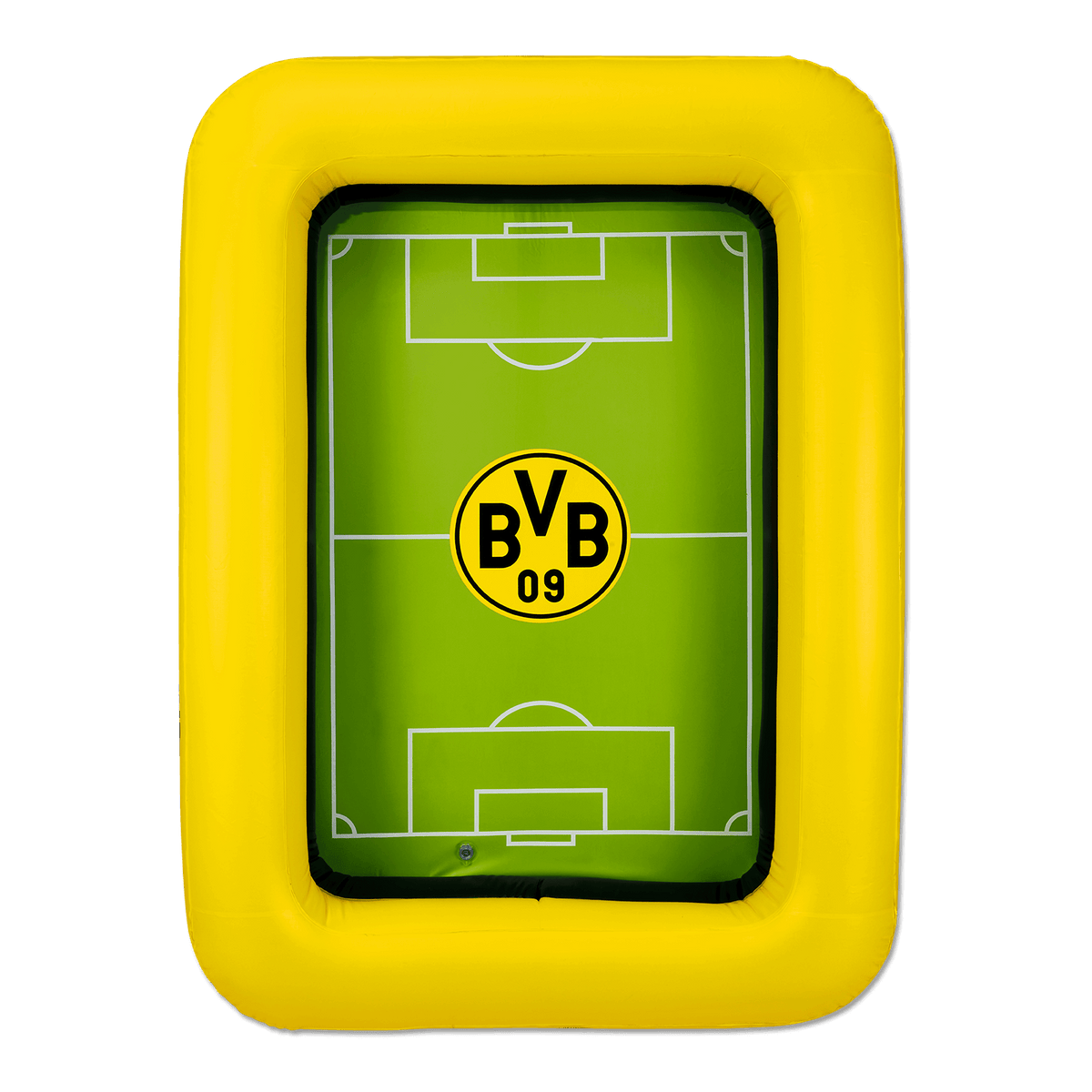 Aufblasbarer BVB-Pool in schwarzgelb mit grünem Fußballfeld und BVB-Logo, ideal für Sommer und Freizeit.