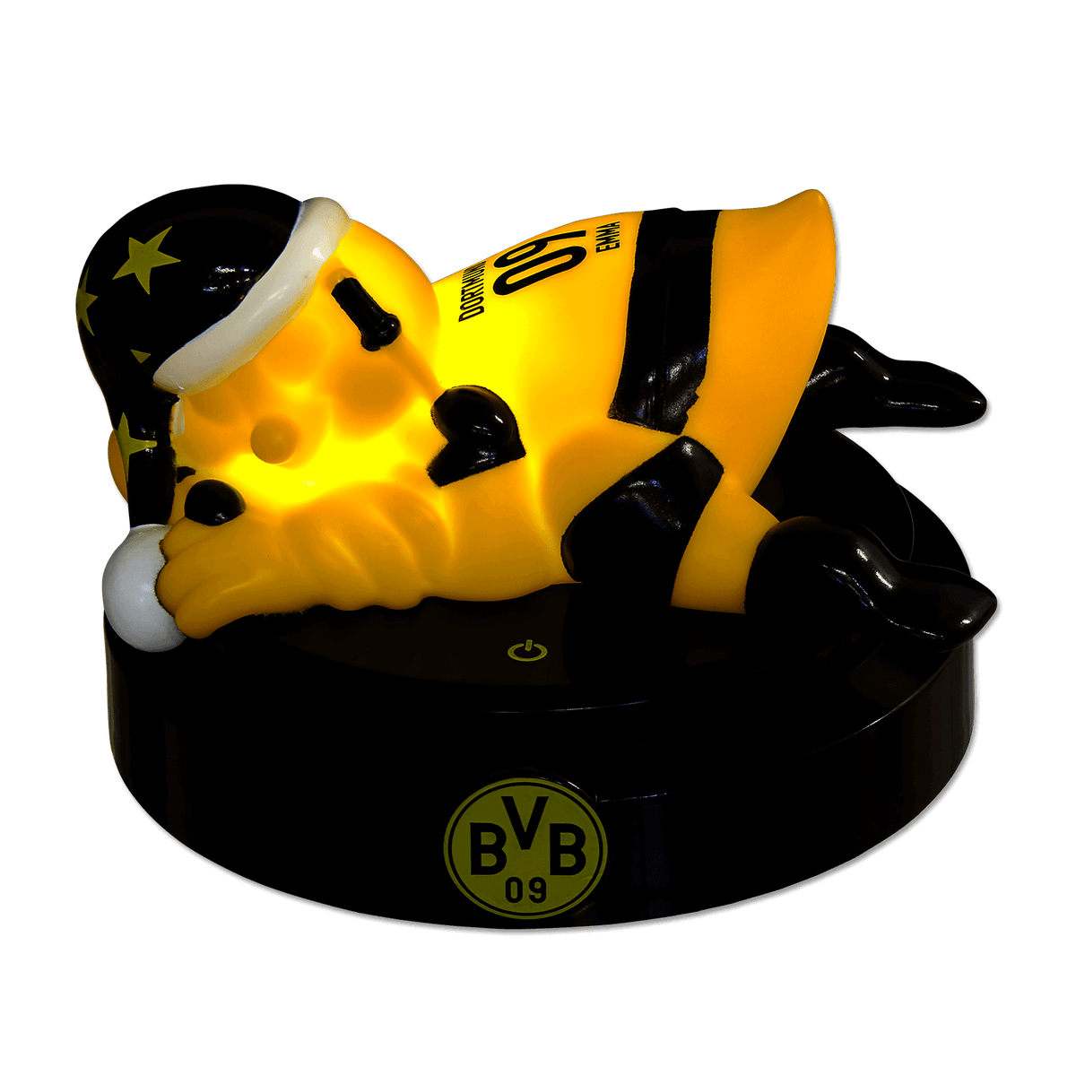 Ein BVB-EMMA Nachtlicht in Form des Maskottchens EMMA, ideal für das Kinderzimmer, mit LED-Beleuchtung und BVB-Logo.