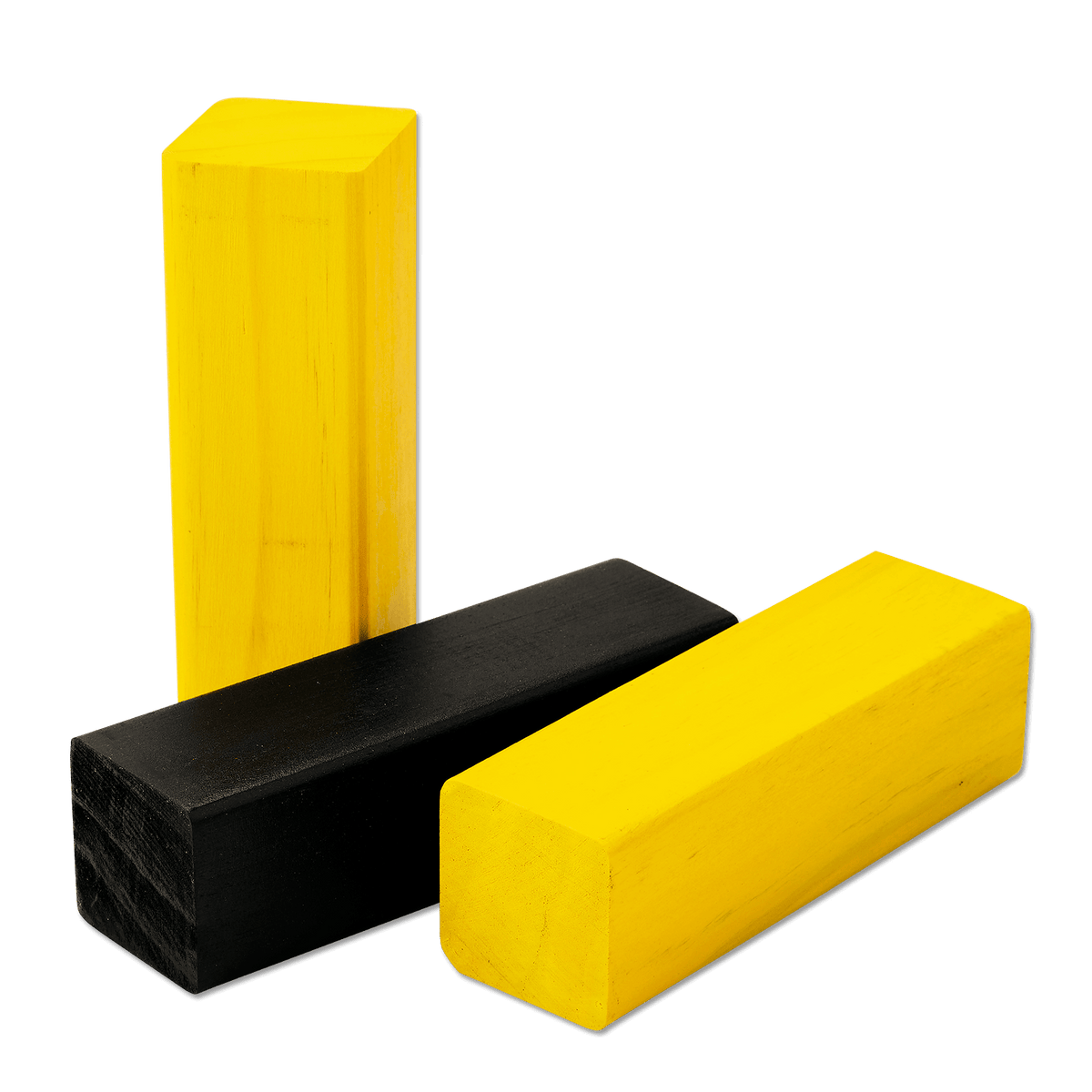 Three rectangular wooden building blocks—two yellow and one black—on a transparent background.