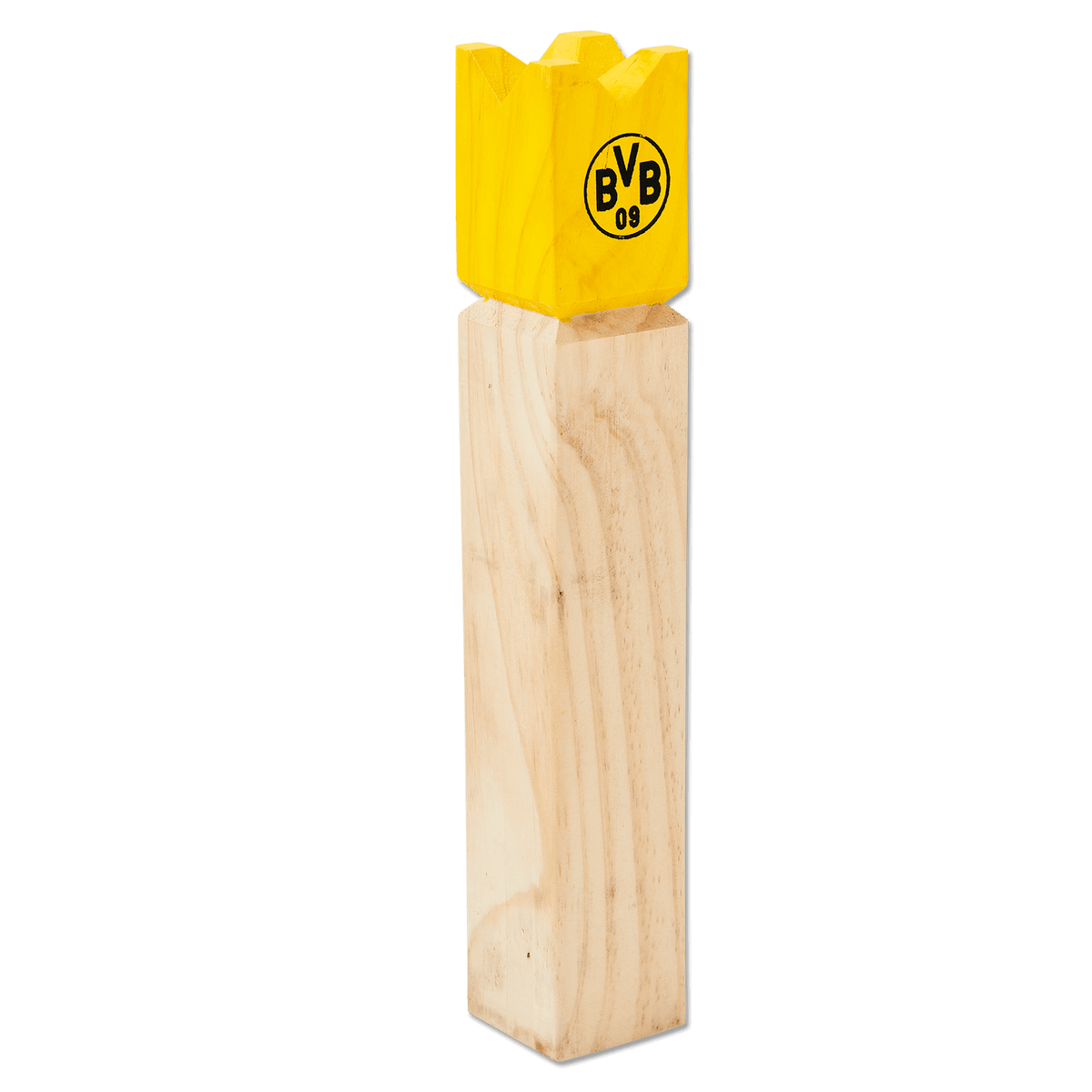 Decorative BVB wooden figurine from a "Königsspiel" set, featuring a yellow crown and the BVB logo on a natural wooden base. Ideal as a fan item or gift.