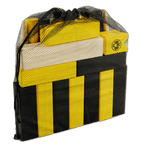 Wooden building block set in Borussia Dortmund's club colors of black and yellow, including the BVB logo, packaged in a mesh bag.