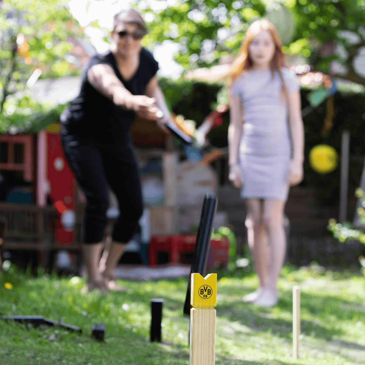 Wooden throwing game from BVB with a yellow-and-black logo, perfect for the backyard and outdoor fun with the family.