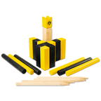 Wooden Kubb set in black and yellow with the BVB logo, consisting of blocks, sticks, and a target for recreational and fan activities.