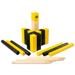 Wooden Kubb set in black and yellow with the BVB logo, consisting of blocks, sticks, and a target for recreational and fan activities.