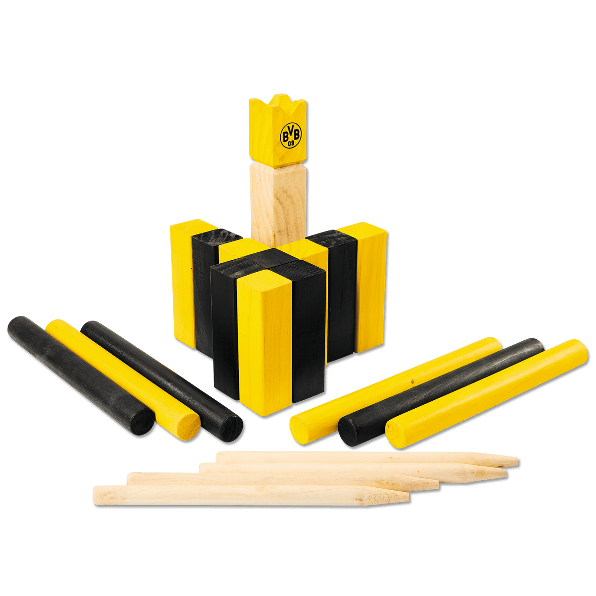 Jeu de Kubb en bois aux couleurs noir et jaune avec le logo du BVB, composé de blocs, de tiges et d'une cible, pour les loisirs et les activités entre supporters.